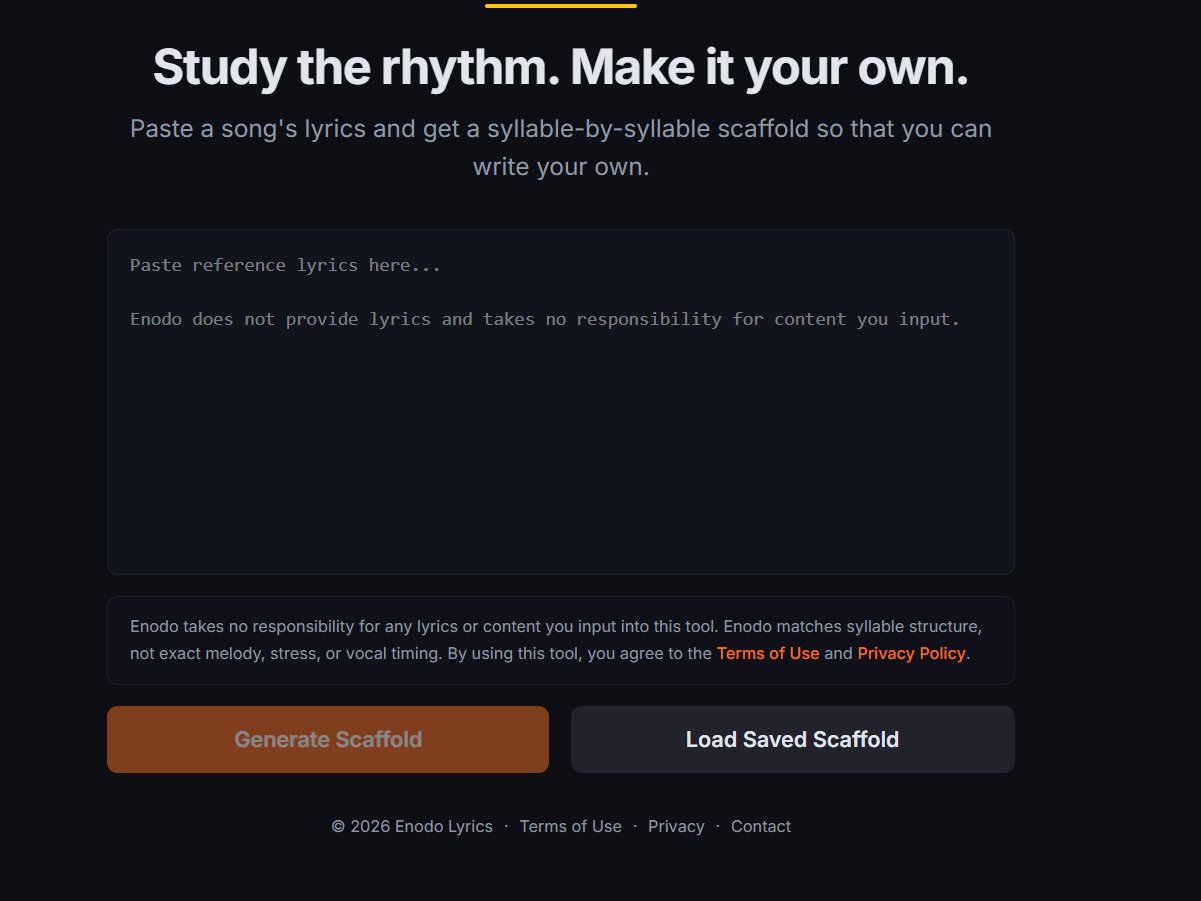 Enodo Lyrics paste screen with the Generate Scaffold button visible
