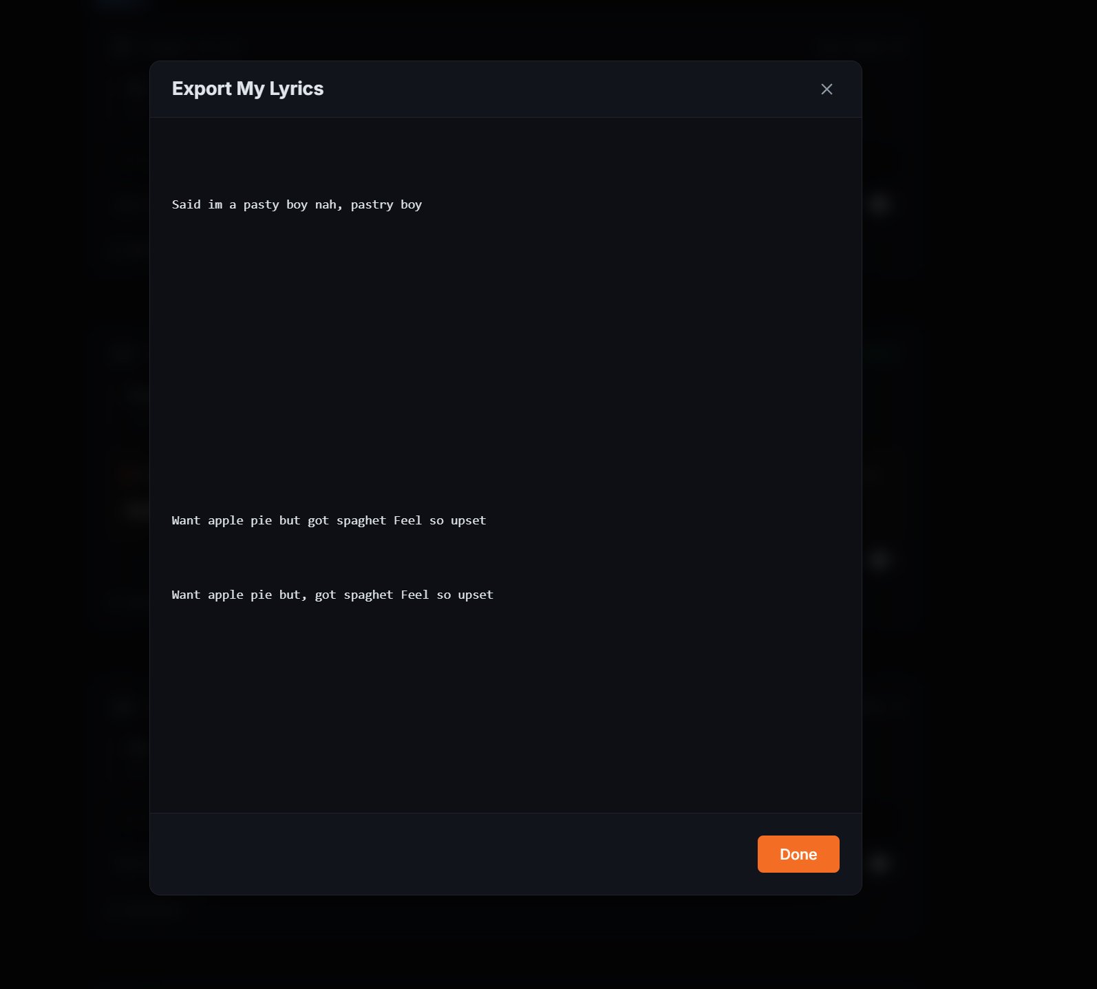 Export lyrics modal showing copied draft text